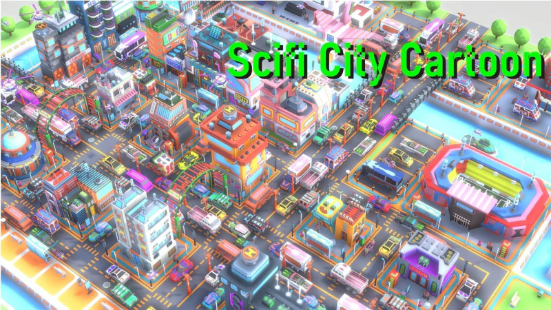 Scifi Low Poly Cartoon City 3D Model .c4d .max .obj .3ds .fbx .stl .blend