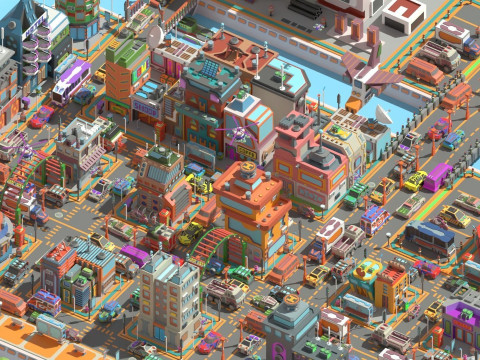 Scifi Low Poly Cartoon City 3D Model