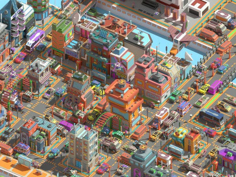 Scifi Low Poly Cartoon City 3D Model