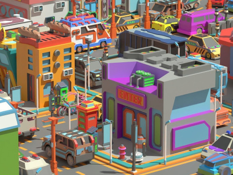 Scifi Low Poly Cartoon City 3D Model