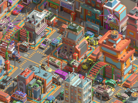 Scifi Low Poly Cartoon City 3D Model