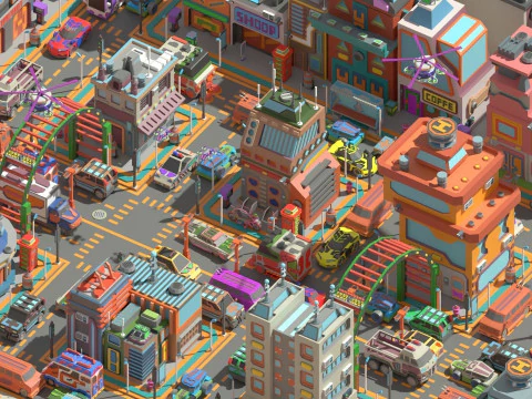 Scifi Low Poly Cartoon City 3D Model