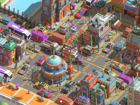 Scifi Low Poly Cartoon City 3D Model