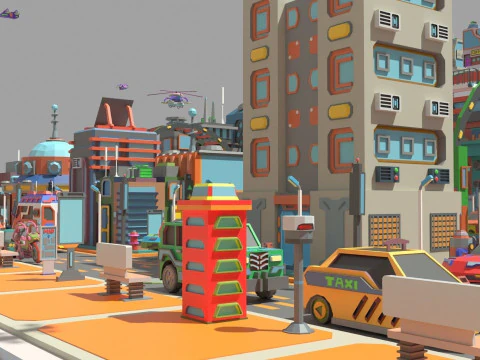 Scifi Low Poly Cartoon City 3D Model