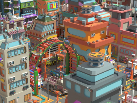 Scifi Low Poly Cartoon City 3D Model