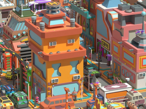 Scifi Low Poly Cartoon City 3D Model