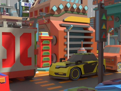 Scifi Low Poly Cartoon City 3D Model