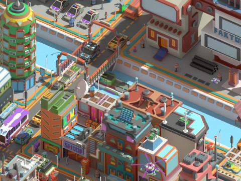 Scifi Low Poly Cartoon City 3D Model