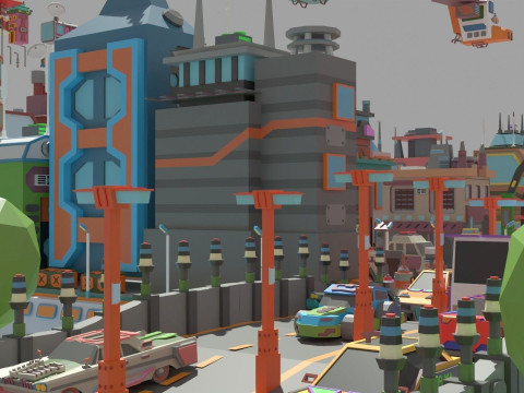 Scifi Low Poly Cartoon City 3D Model