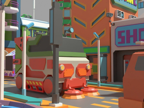 Scifi Low Poly Cartoon City 3D Model
