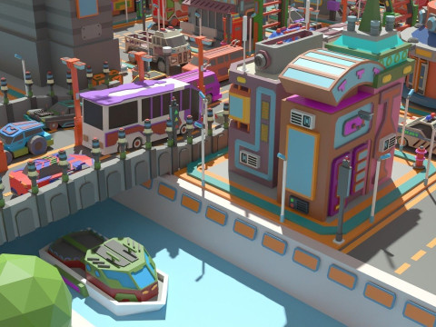 Scifi Low Poly Cartoon City 3D Model