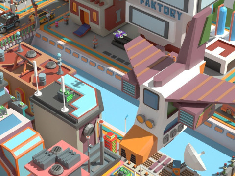Scifi Low Poly Cartoon City 3D Model