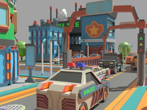 Scifi Low Poly Cartoon City 3D Model