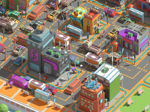 Scifi Low Poly Cartoon City 3D Model