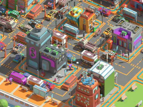 Scifi Low Poly Cartoon City 3D Model