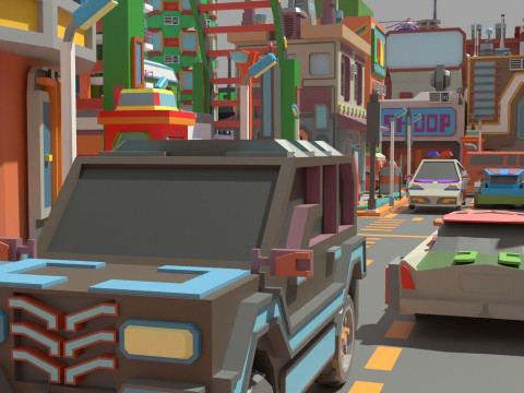 Scifi Low Poly Cartoon City 3D Model