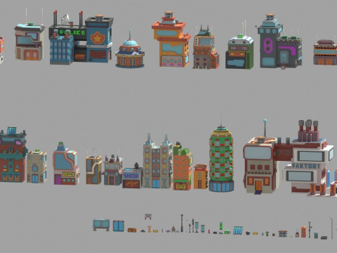 Scifi Low Poly Cartoon City 3D Model
