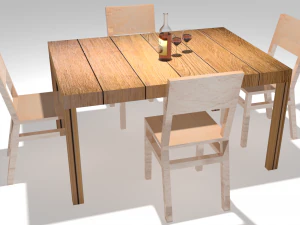 solid wood table with bottle wine 3D Model