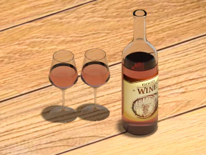 solid wood table with bottle wine 3D Model