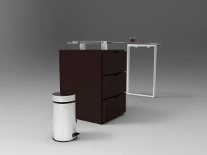 хрустальный стол с карандашами и металлическим мусорным баком escritorio de cristal 3D Модель