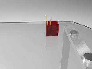 crystal desk with pencils and metal trash can escritorio de cristal 3D Model