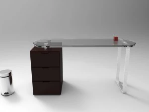 scrivania in cristallo con matite e cestino in metallo escritorio de cristal Modello 3D