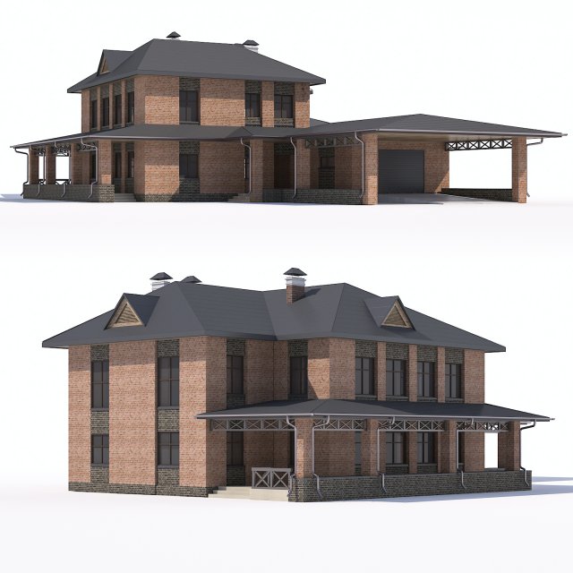 two-storey country house with attached garage and carport Modelo 3D .c4d .max .obj .3ds .fbx .stl .blend 