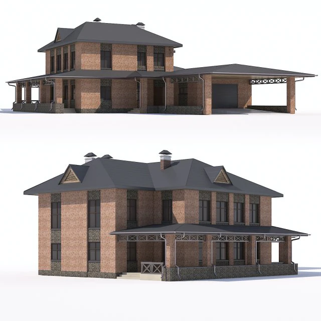 two-storey country house with attached garage and carport 3D Model .c4d .max .obj .3ds .fbx .stl .blend 