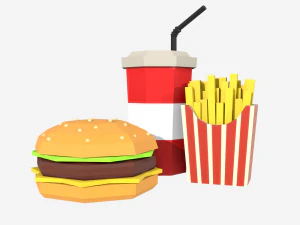 низькополігональний гамбургер, комбінована їжа, картопля та газована вода, 3D, низькополігональний 3D Модель