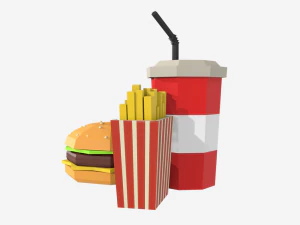 низькополігональний гамбургер, комбінована їжа, картопля та газована вода, 3D, низькополігональний 3D Модель