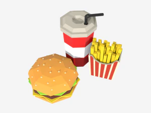 низькополігональний гамбургер, комбінована їжа, картопля та газована вода, 3D, низькополігональний 3D Модель