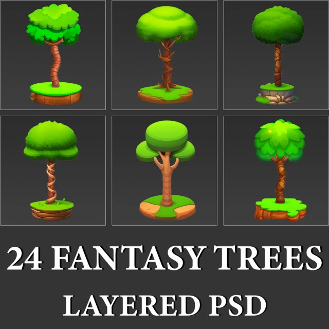 2D Fantasy Game Cartoon Tree Collection CG Textures .c4d .max .obj .3ds .fbx .stl .blend 