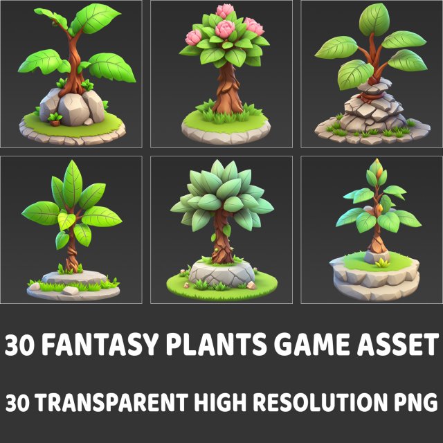 30 Fantasy Plants Game Asset CG Dokuları .c4d .max .obj .3ds .fbx .stl .blend 