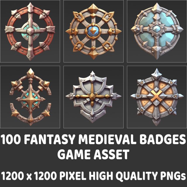 100 Fantasy Medieval Badges Game Asset CG Textures .c4d .max .obj .3ds .fbx .stl .blend 