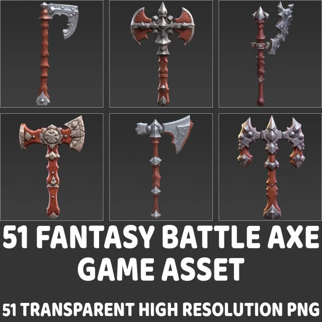 51 Fantasy Battle Axe Game Asset CG Текстури .c4d .max .obj .3ds .fbx .stl .blend 