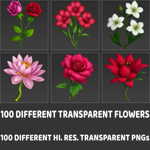 100 Different Transparent Flowers CG Textures .c4d .max .obj .3ds .fbx .stl .blend 