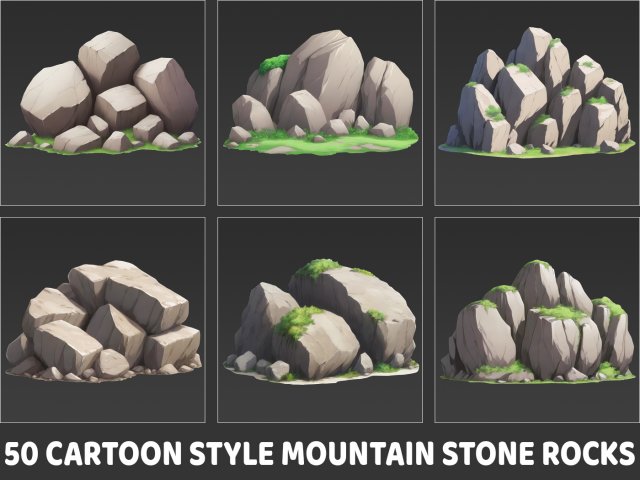 50 Cartoon Style Mountain Stone Rocks Texturas CG .c4d .max .obj .3ds .fbx .stl .blend