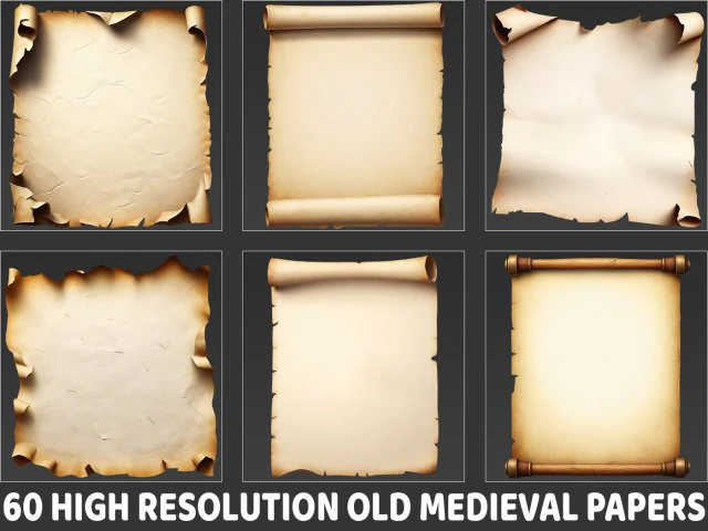 60 High Resolution Old Medieval Paper Collection CG Textures .c4d .max .obj .3ds .fbx .stl .blend
