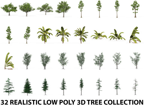 32 Realistic Low Poly Tree Collection 3D मॉडल