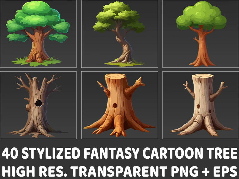 40 Stylized Fantasy Cartoon Tree PNG And Vector EPS CG Textures .c4d .max .obj .3ds .fbx .stl .blend