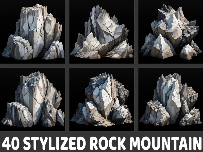 40 Stylized Fantasy Rock Mountain Transparent PNG CG Textures .c4d .max .obj .3ds .fbx .stl .blend 