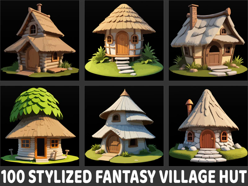 100 Stylized Fantasy Village Hut PNG and EPS CG Textures .c4d .max .obj .3ds .fbx .stl .blend 