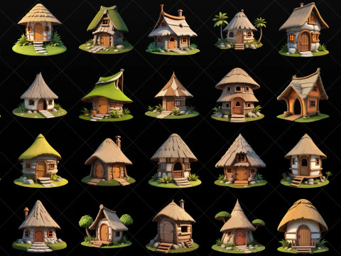 100 Stylized Fantasy Village Hut PNG and EPS CG Textures