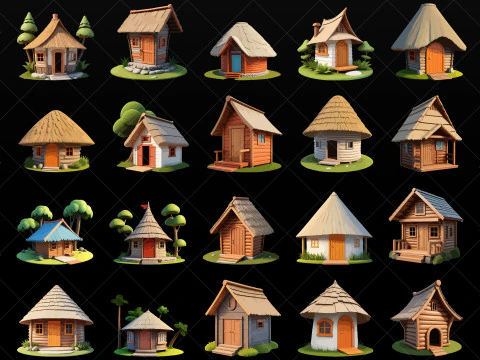 100 Stylized Fantasy Village Hut PNG and EPS CG Textures