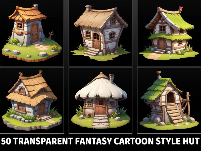 50 Fantasy Cartoon Style Village Huts CG Textures .c4d .max .obj .3ds .fbx .stl .blend 