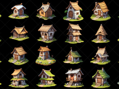 50 Fantasy Cartoon Style Village Huts CG Textures