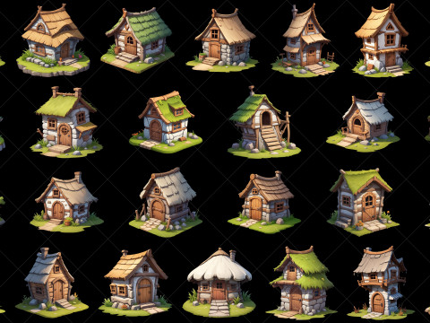 50 Fantasy Cartoon Style Village Huts CG テクスチャ
