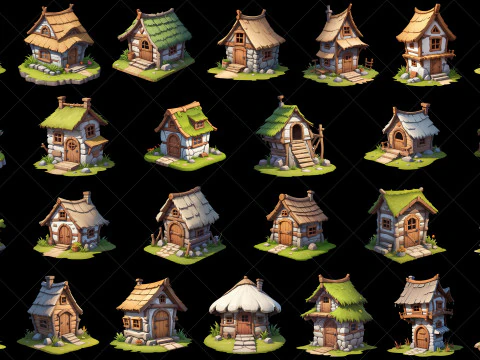 50 Fantasy Cartoon Style Village Huts CG Textures