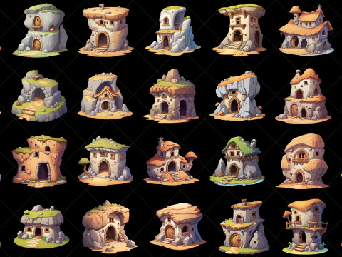 135 Ativo de jogo dom&eacute;stico estilo caverna de fantasia transparente Hut House Texturas CG