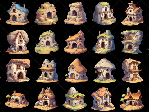 135 Transparent Fantasy Cave Style Hut House Home Game Asset Tekstur CG